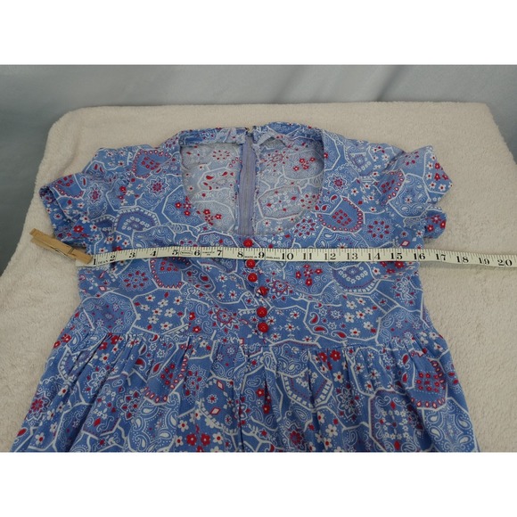 Vintage Handmade Maxi Dress Bandana Print Blue Red Cottagecore Prairie 70s - Picture 7 of 7